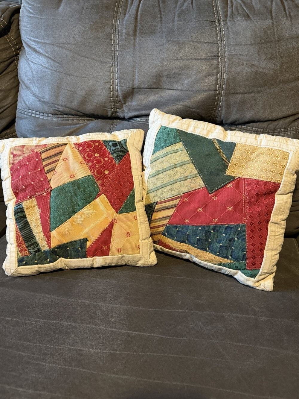 Set of 2 Handmade Crazy Quilt Patchwork Throw Pillows 10x10” VTG